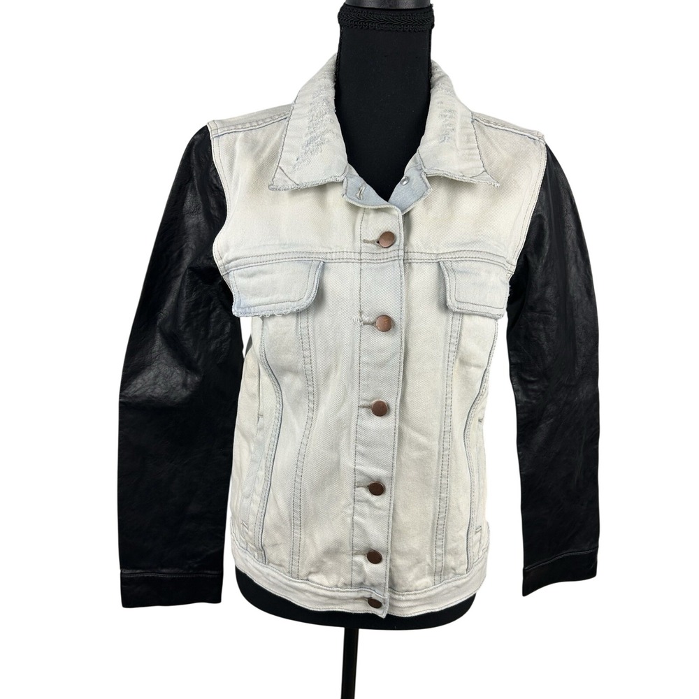 One x OneTeaspoon Denim Jacket Light Wash Faux Leather Sleeves Distressed XS